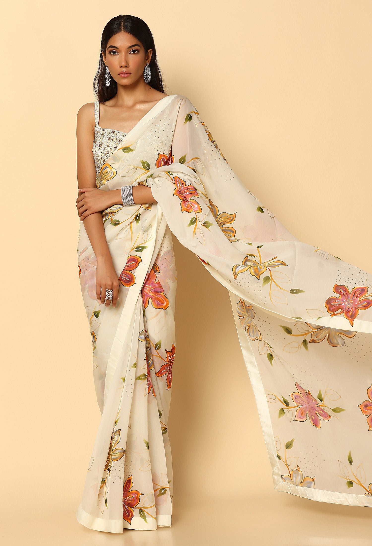 Printed Ivory Saree with Full Handwork Blouse