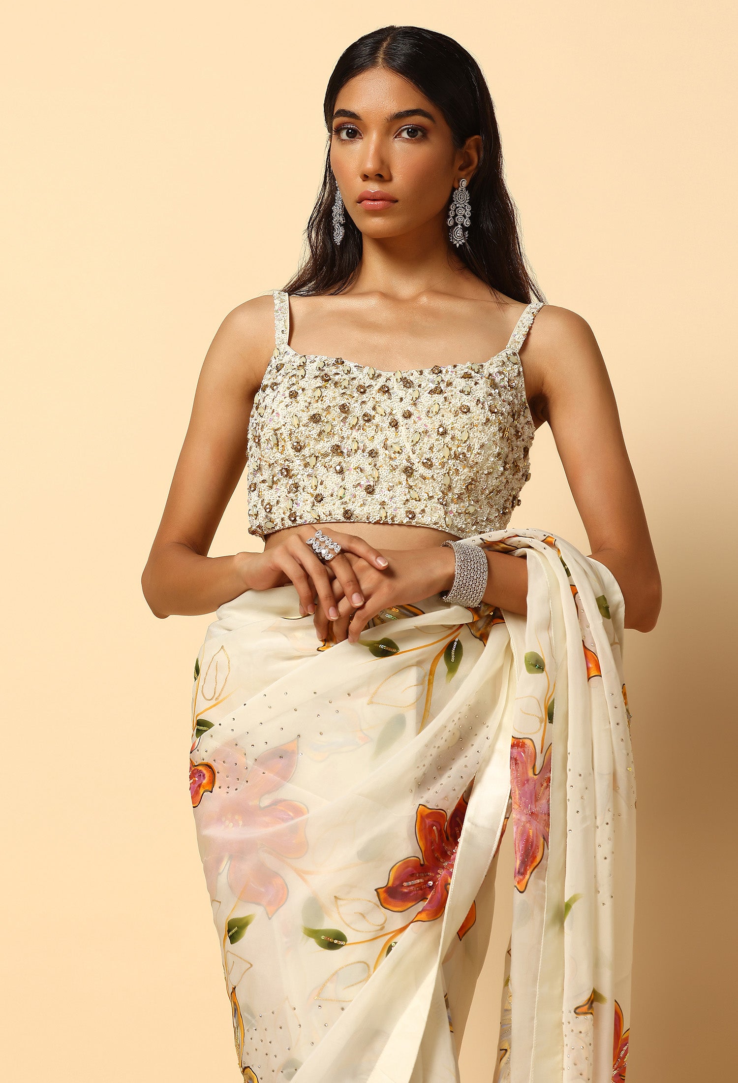 Printed Ivory Saree with Full Handwork Blouse