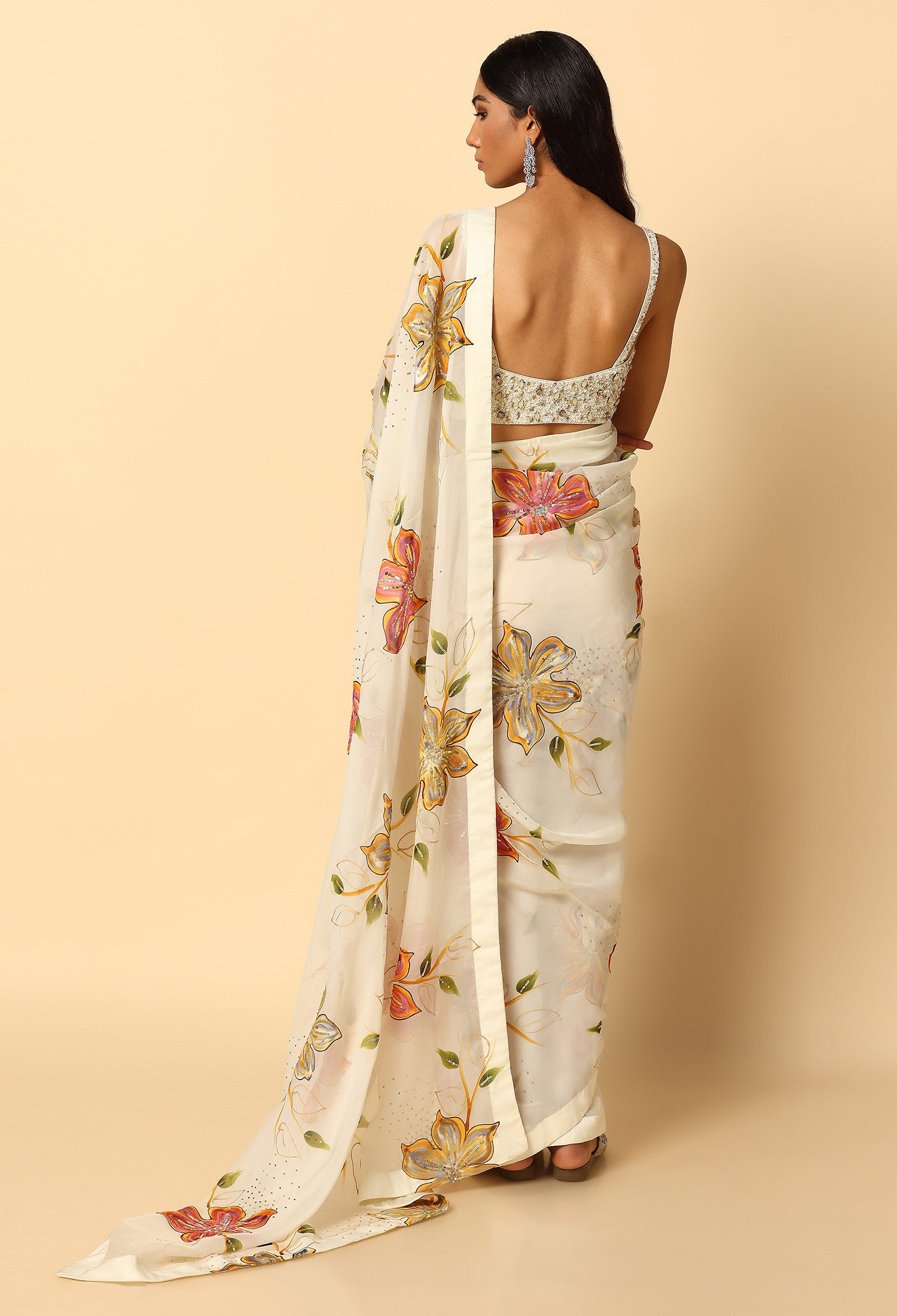 Printed Ivory Saree with Full Handwork Blouse