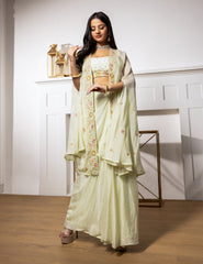 Green Chiffon Hand Embroidered Cut Dana Floral Draped Skirt Set