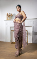 Rose Gold Net Hand Embroidered Sequin And Crystal Work Draped Skirt Set