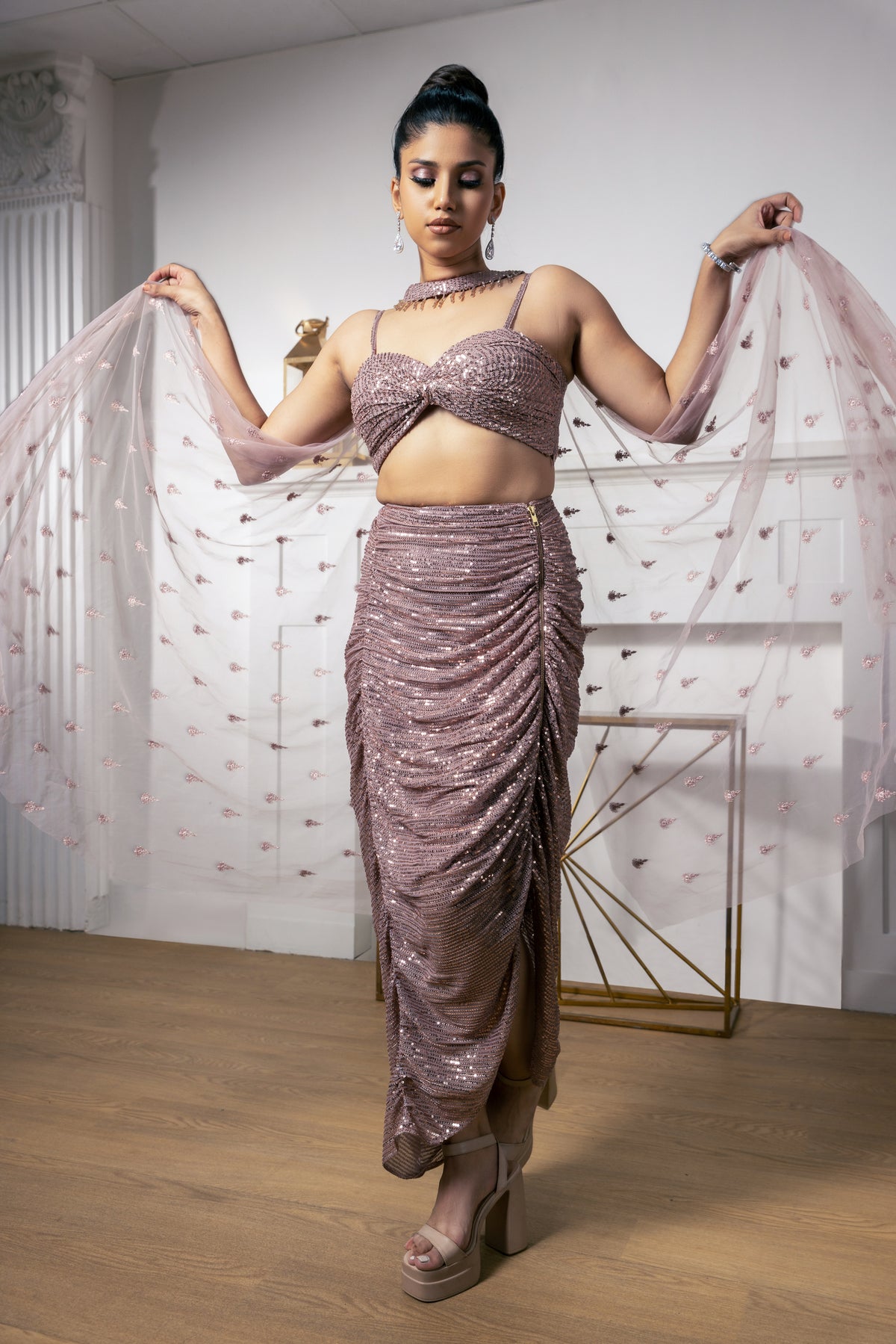 Rose Gold Net Hand Embroidered Sequin And Crystal Work Draped Skirt Set