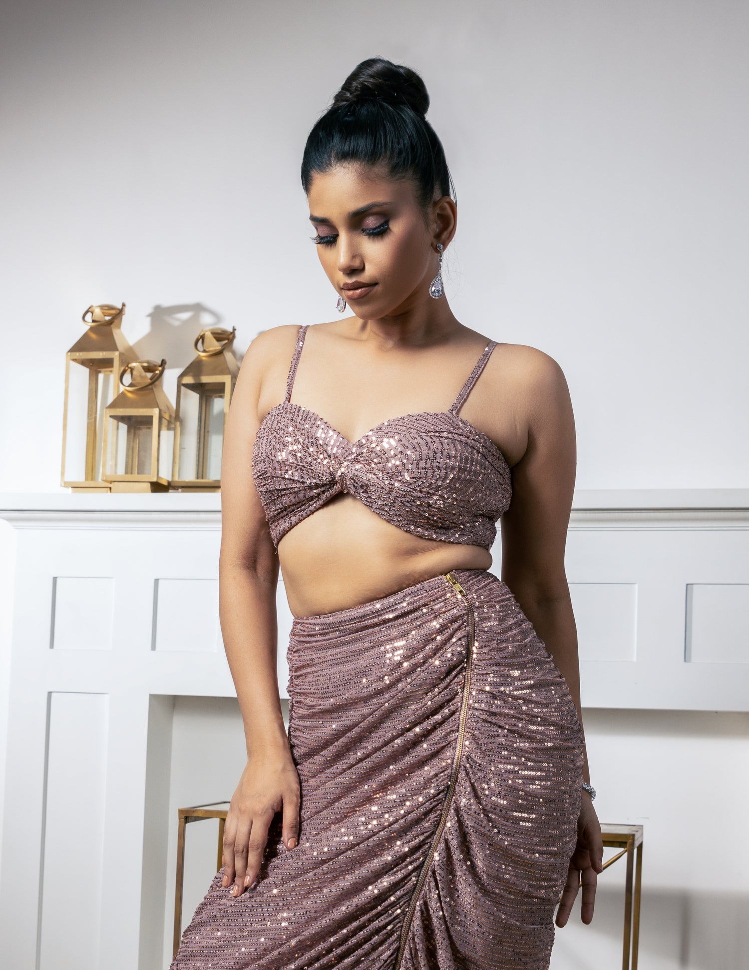 Rose Gold Net Hand Embroidered Sequin And Crystal Work Draped Skirt Set