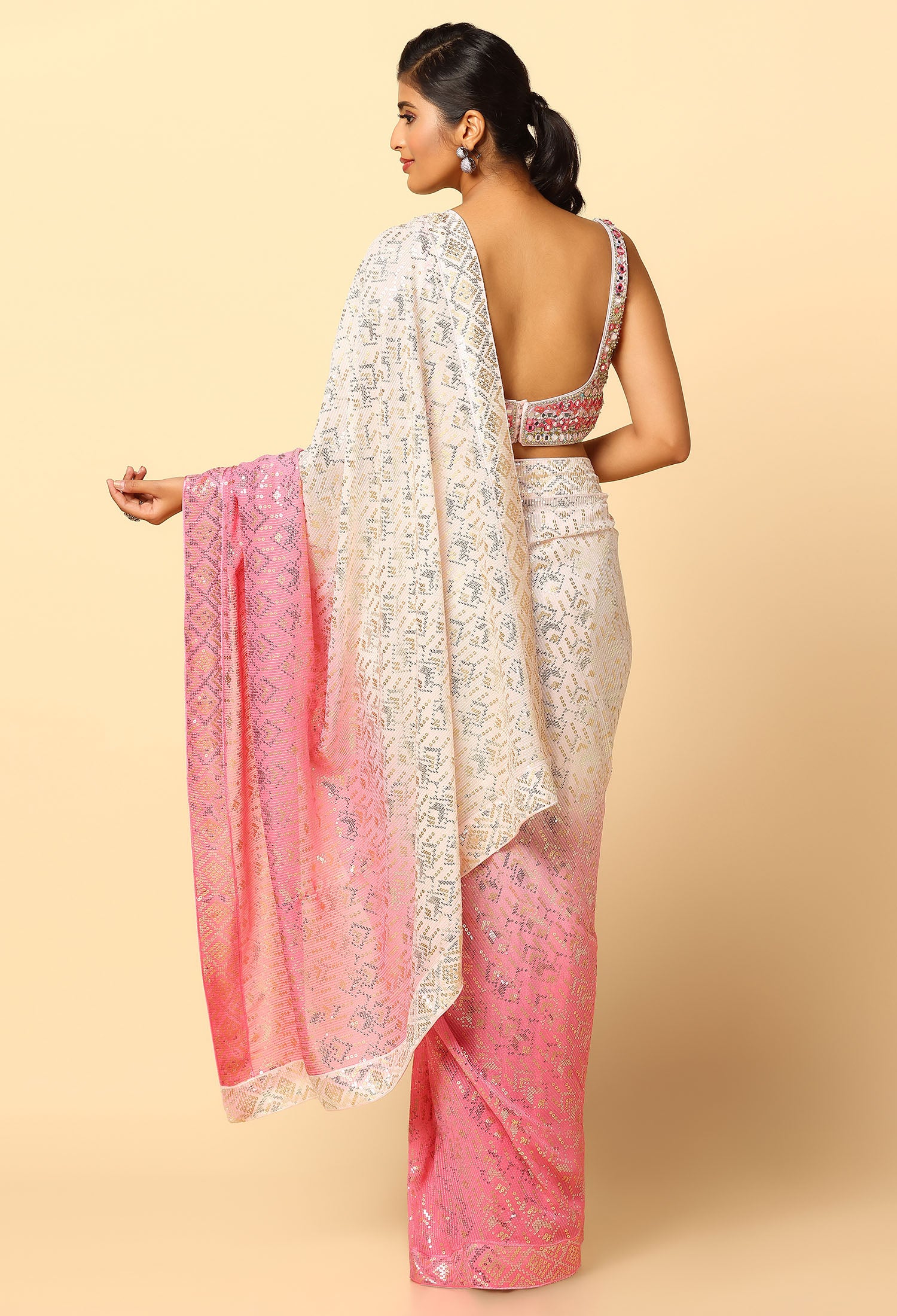 Pink Ombre Tone Saree With Mirror Work Blouse