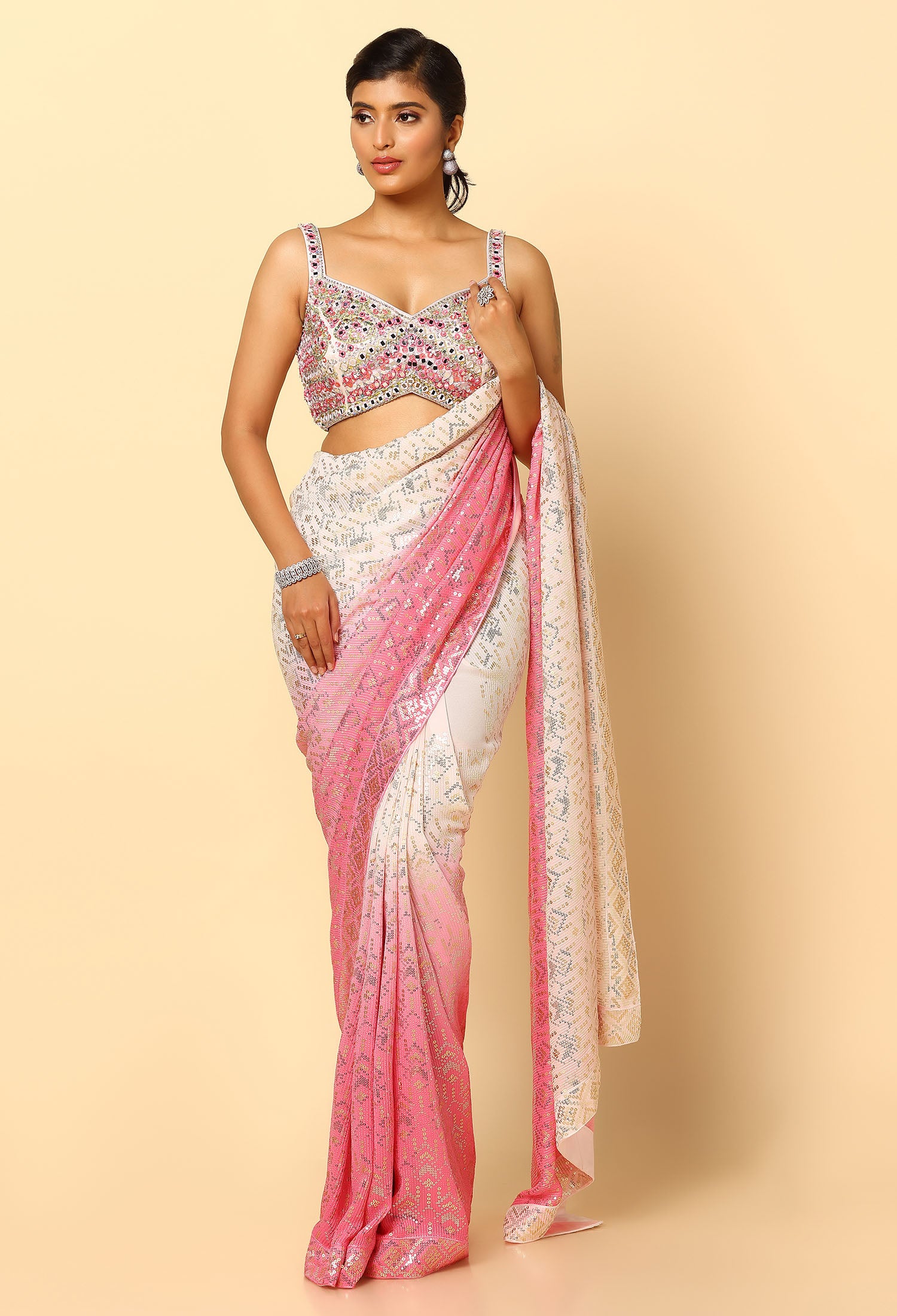 Pink Ombre Tone Saree With Mirror Work Blouse