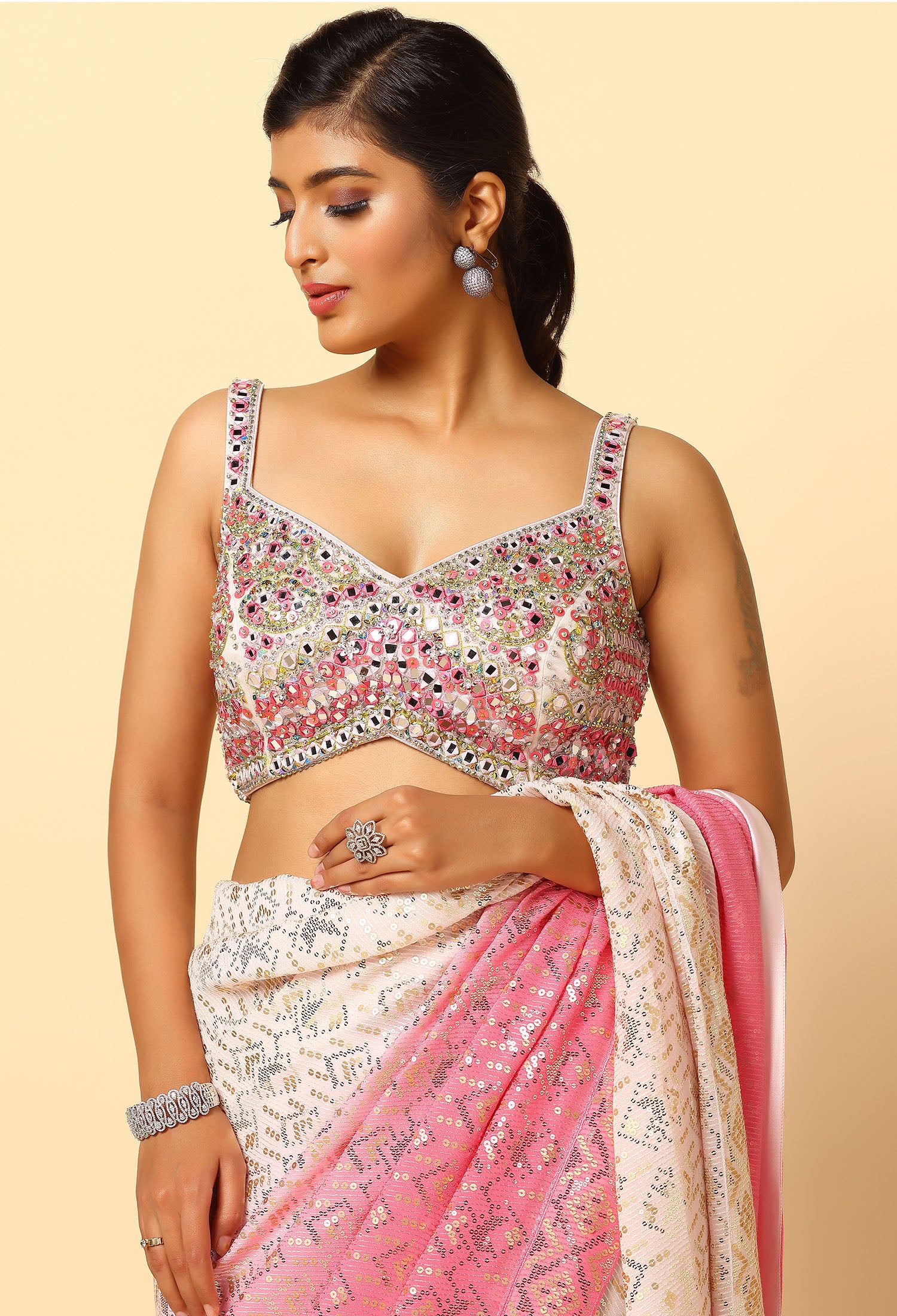 Pink Ombre Tone Saree With Mirror Work Blouse