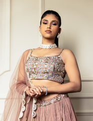 Rose Gold Net Hand Embroidered Bead Round Sequin Pleated Lehenga Set