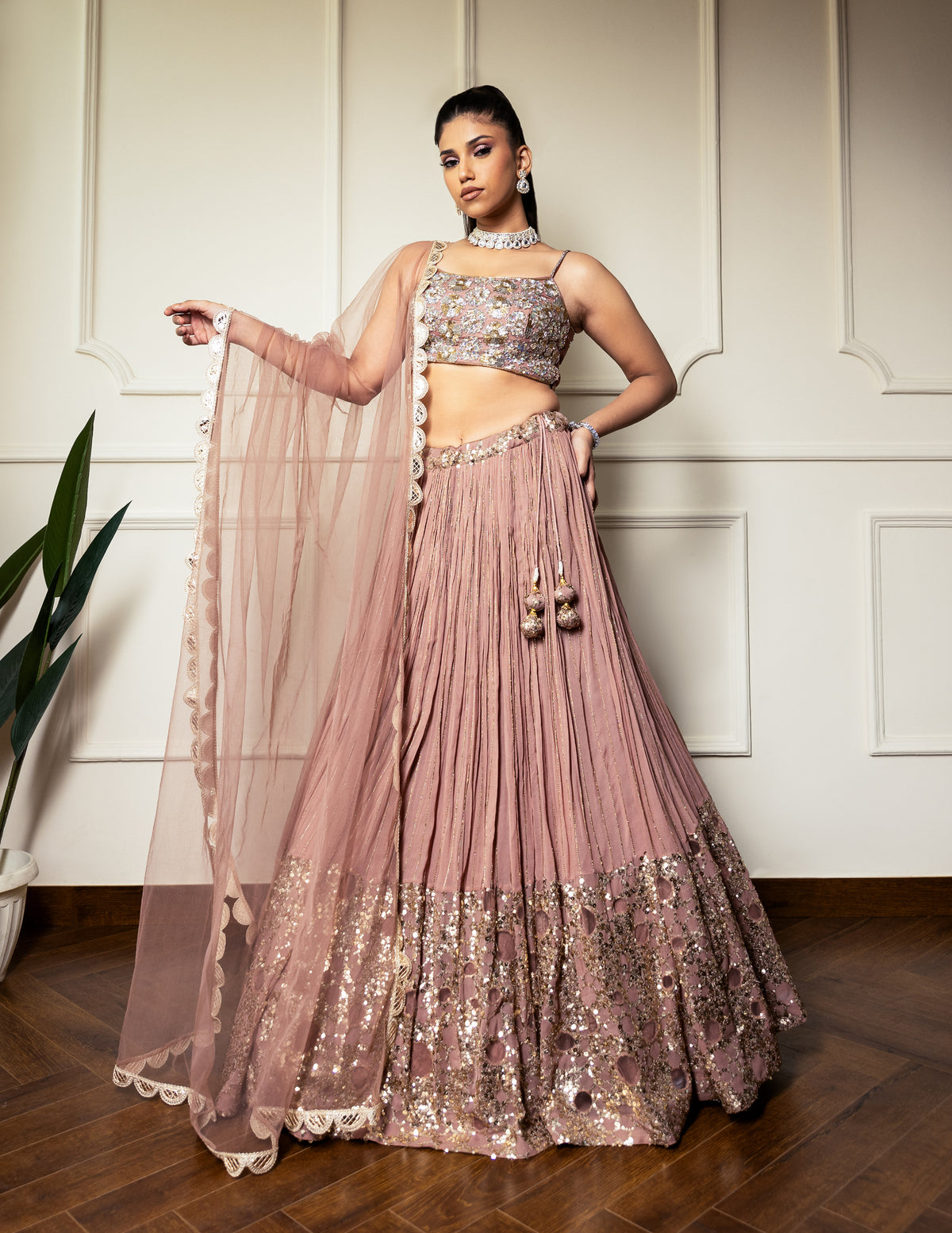 Rose Gold Net Hand Embroidered Bead Round Sequin Pleated Lehenga Set