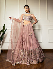 Rose Gold Net Hand Embroidered Bead Round Sequin Pleated Lehenga Set