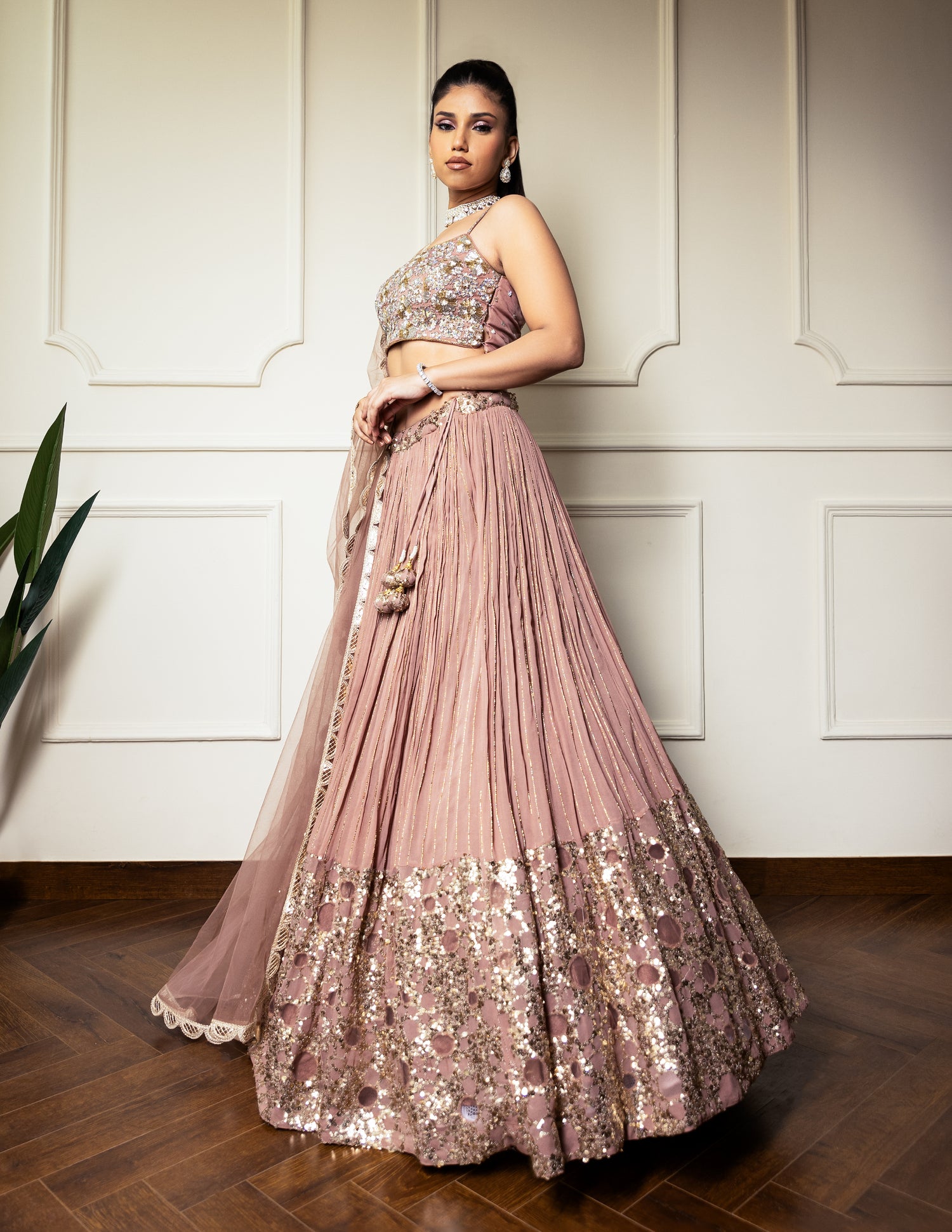 Rose Gold Net Hand Embroidered Bead Round Sequin Pleated Lehenga Set