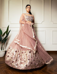 Rose Gold Net Hand Embroidered Bead Round Sequin Pleated Lehenga Set