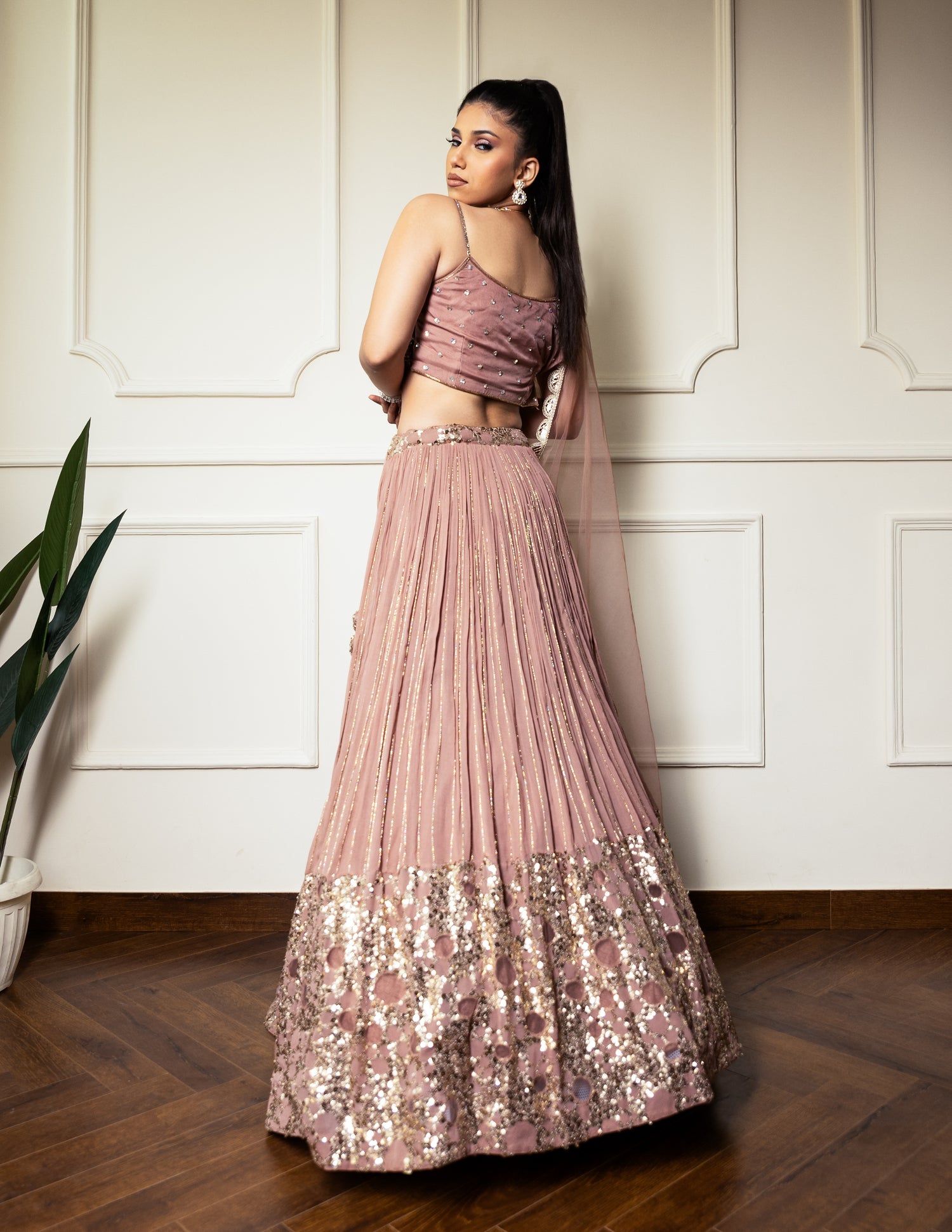 Rose Gold Net Hand Embroidered Bead Round Sequin Pleated Lehenga Set