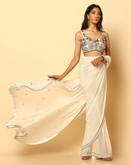 Hand Embroidered Pre-Draped Saree With Blouse