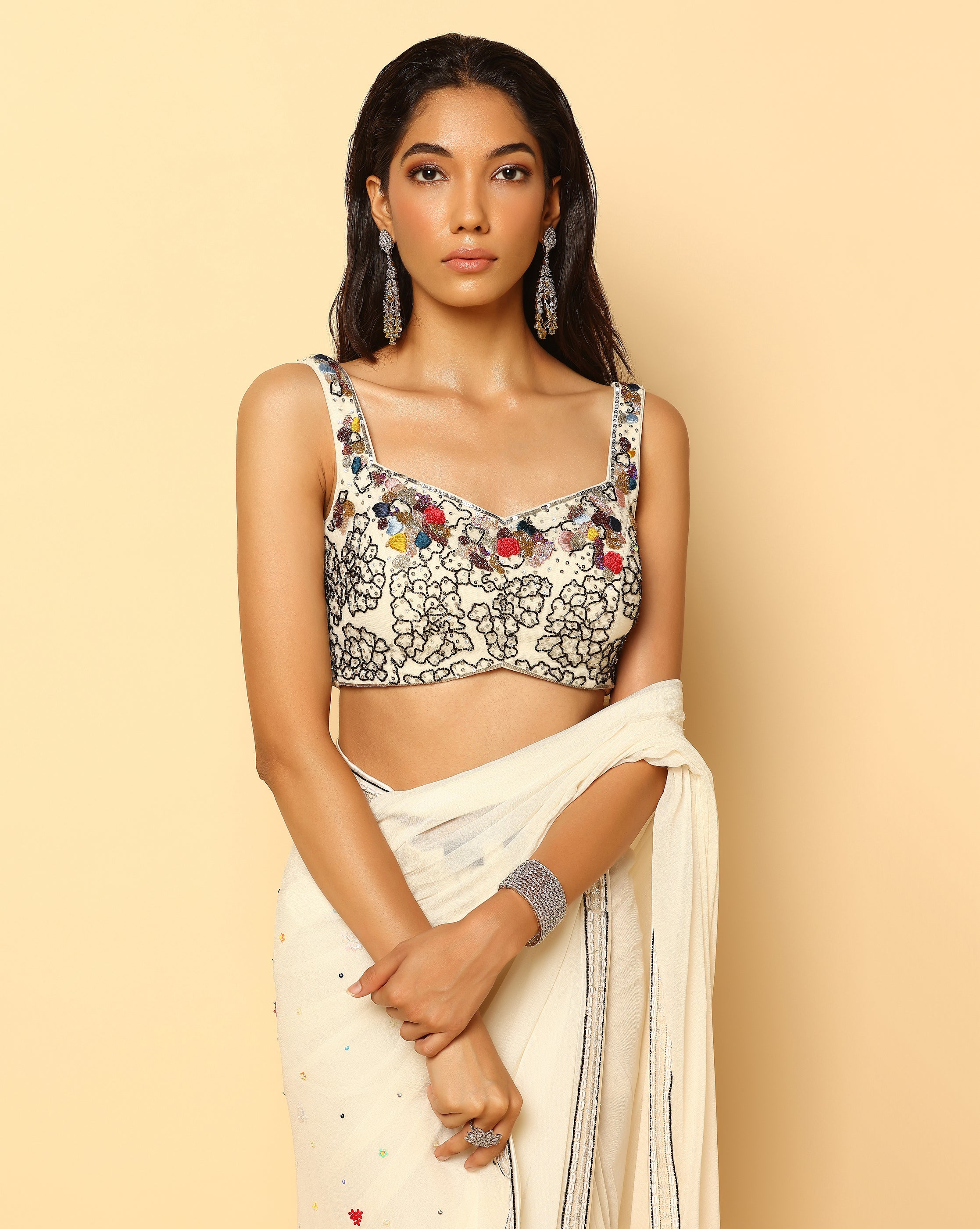 Hand Embroidered Pre-Draped Saree With Blouse