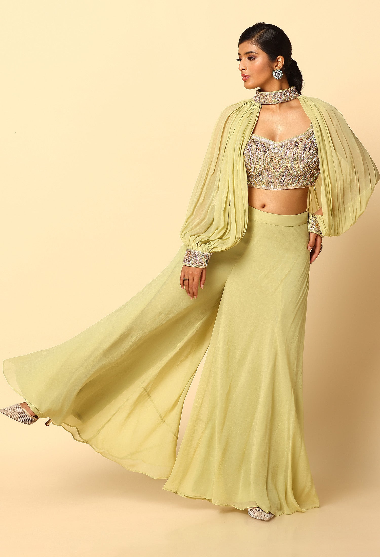 Pista Green Sharara With Detachable Sleeeves