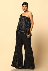 Black and Silver Modern Cut Top With Flared Pants