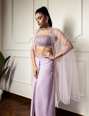 Purple Net Hand Embroidered Cut Dana Cape Sequin Draped Skirt Set