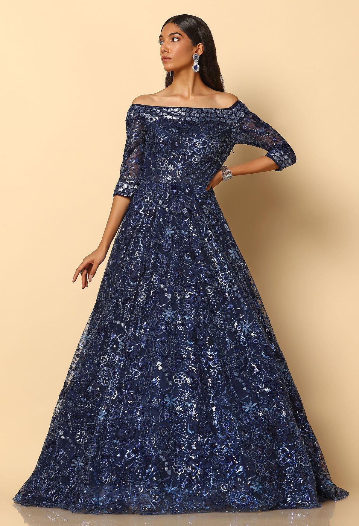 Navy Blue Embroidered Bardot Gown