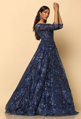 Navy Blue Embroidered Bardot Gown