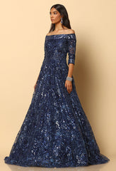 Navy Blue Embroidered Bardot Gown