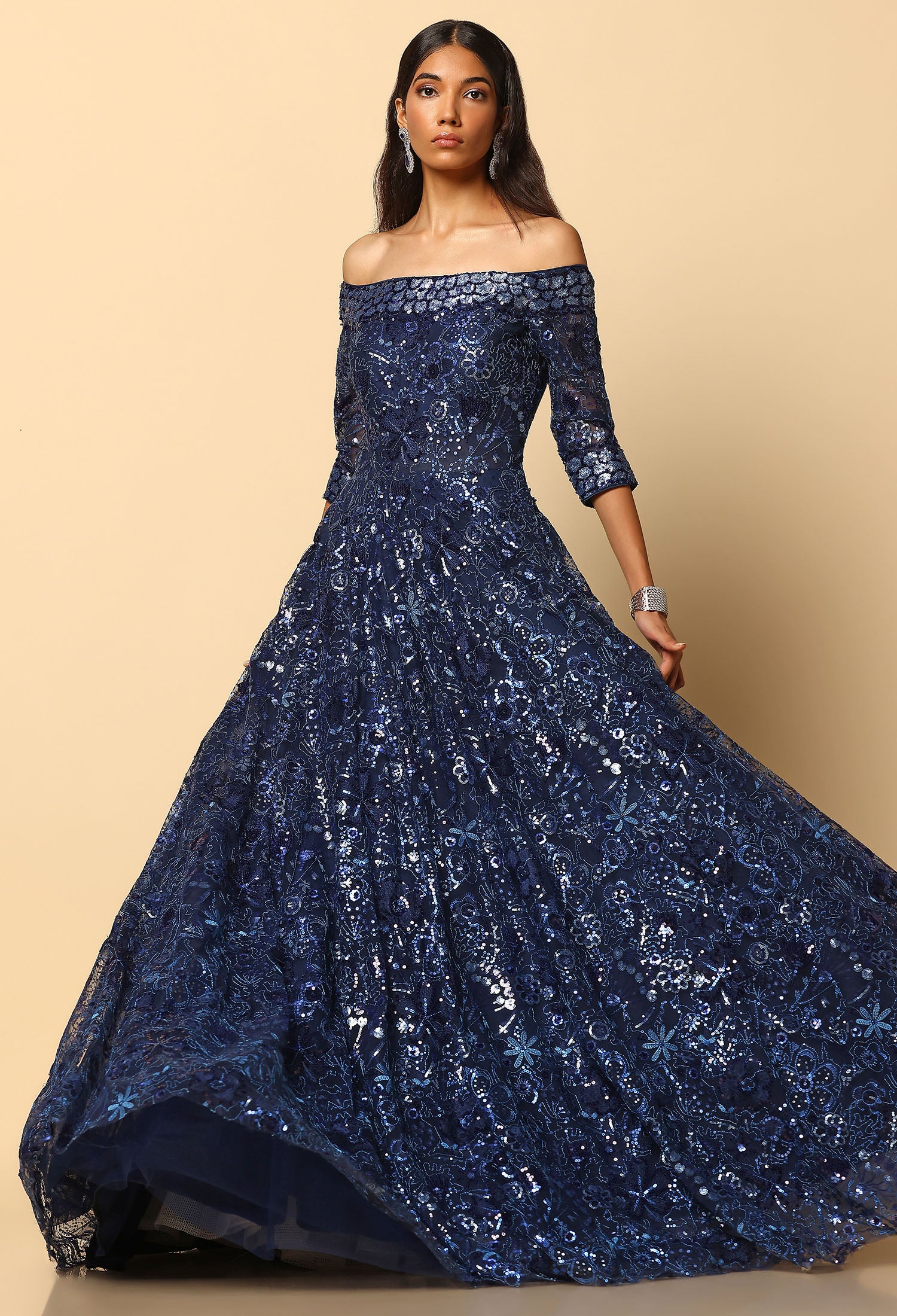 Navy Blue Embroidered Bardot Gown