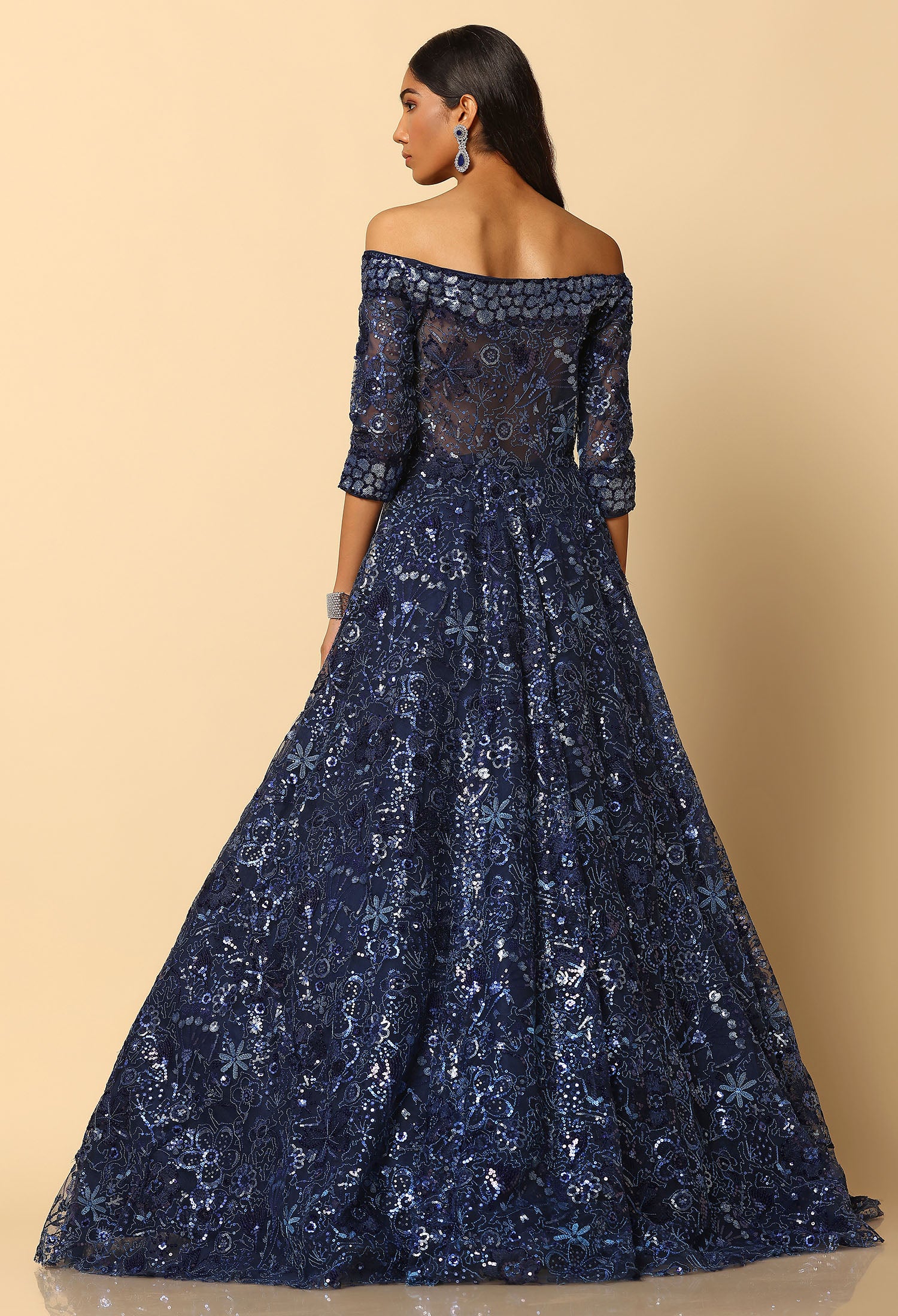 Navy Blue Embroidered Bardot Gown