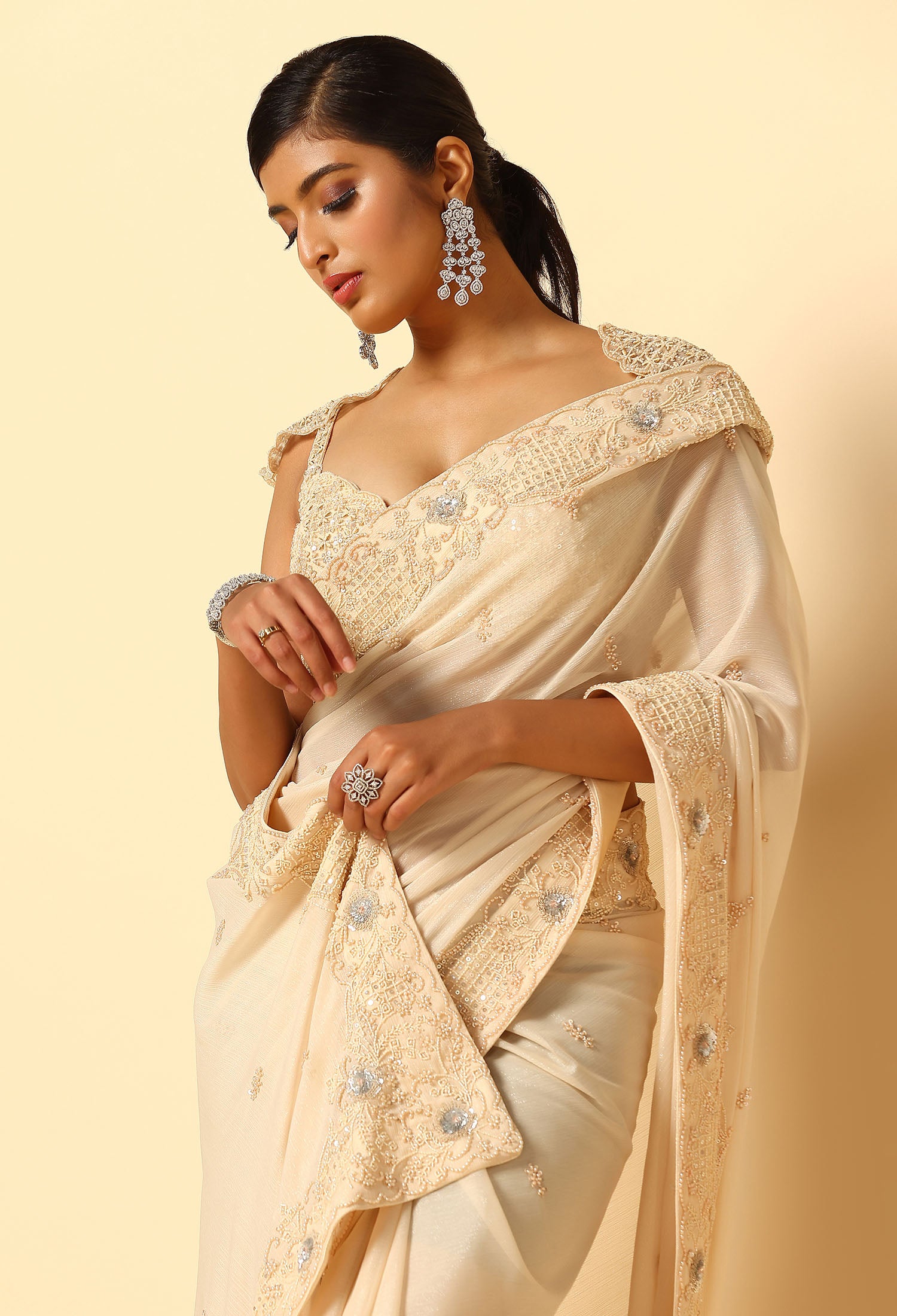 Ivory Beaded Saree