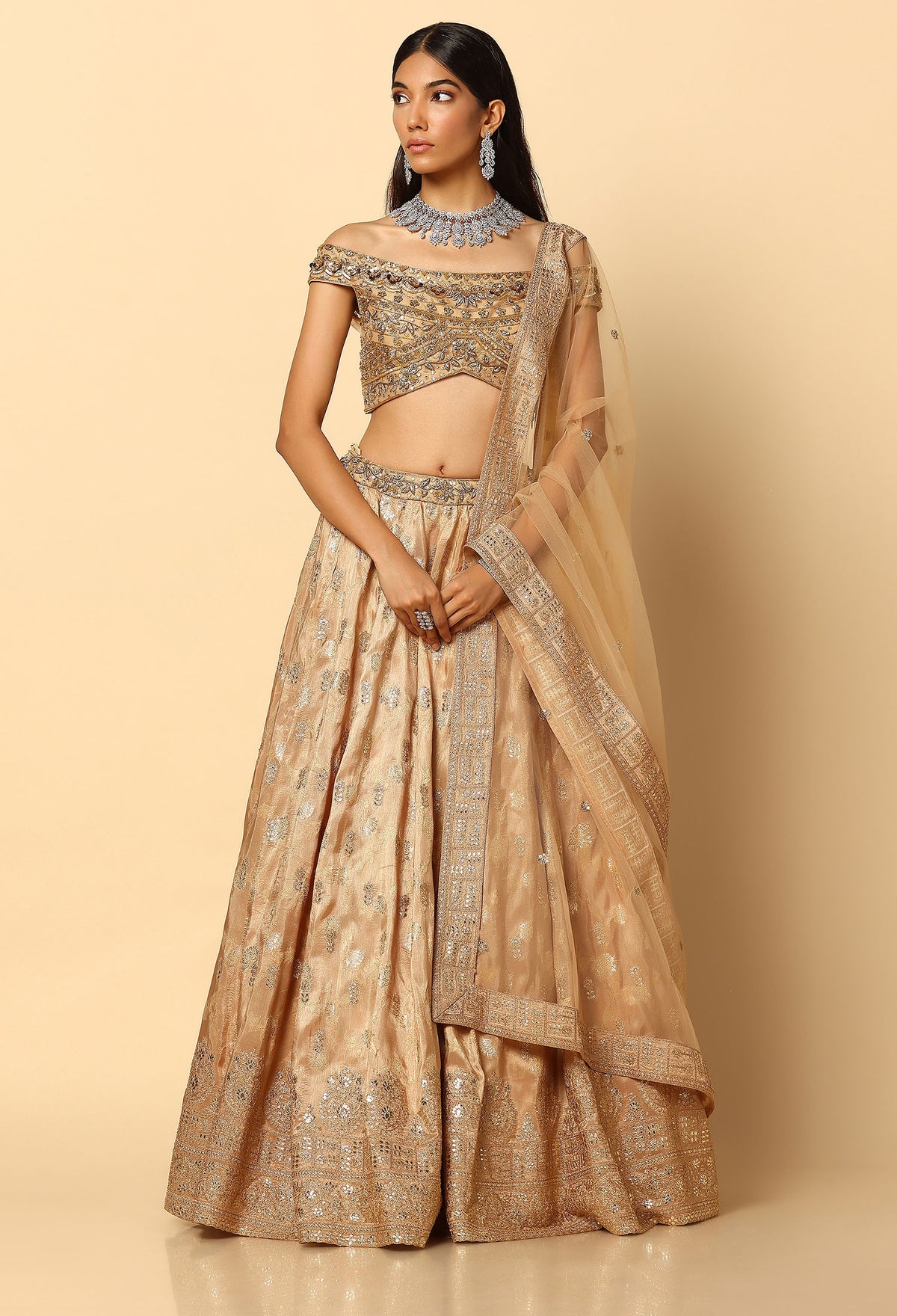 Gold Handwok Lehenga Choli Bardot Style