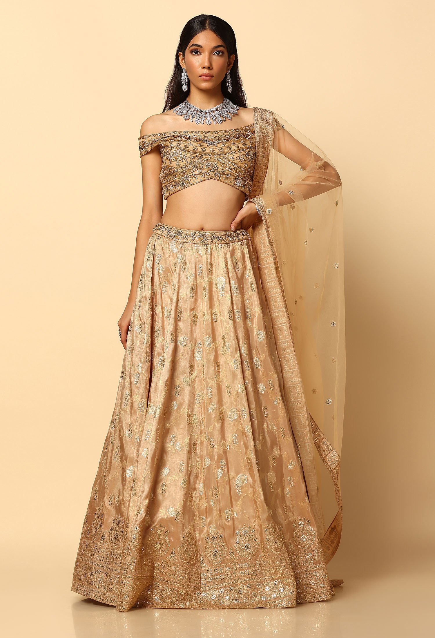 Gold Handwok Lehenga Choli Bardot Style