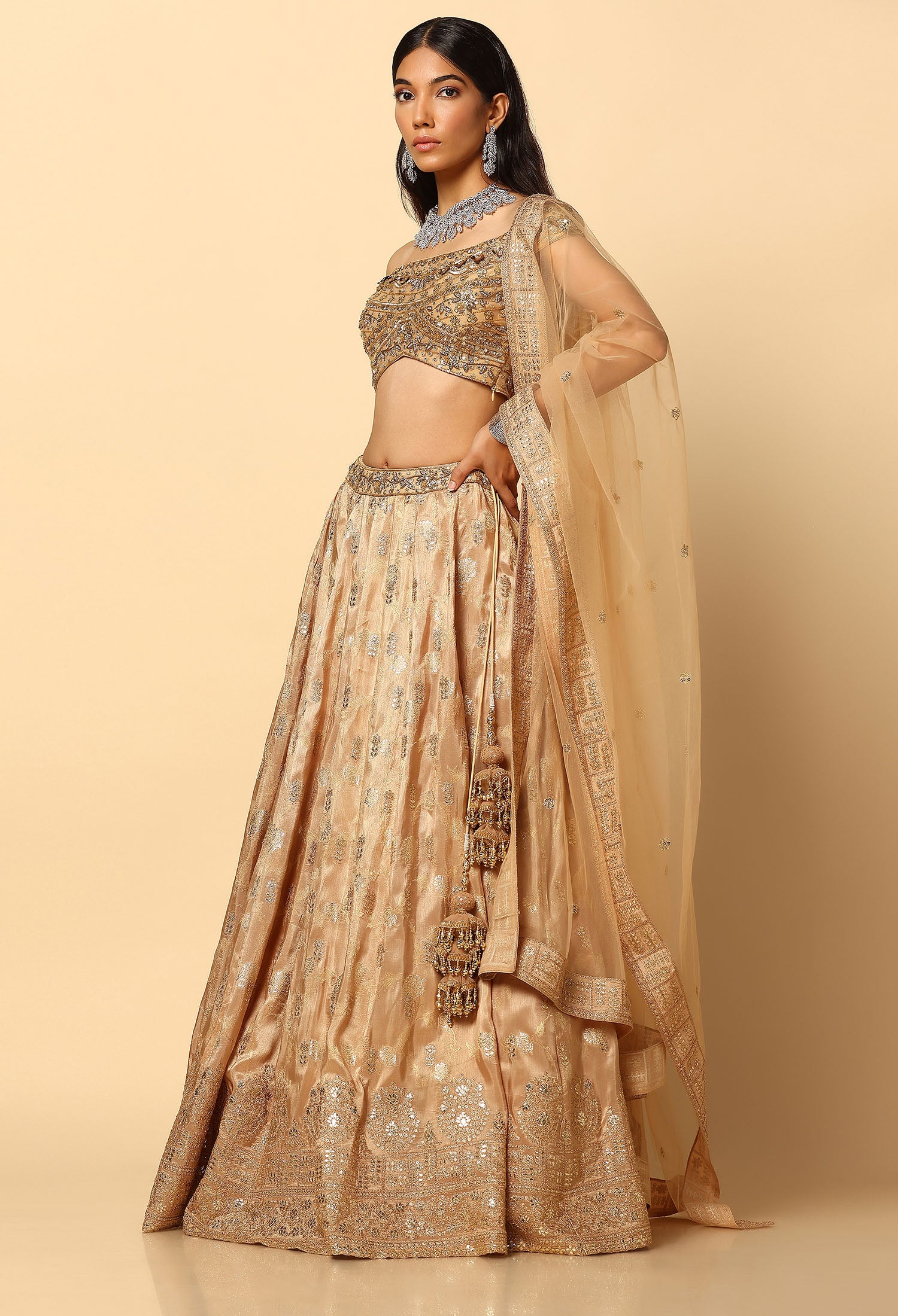 Gold Handwok Lehenga Choli Bardot Style