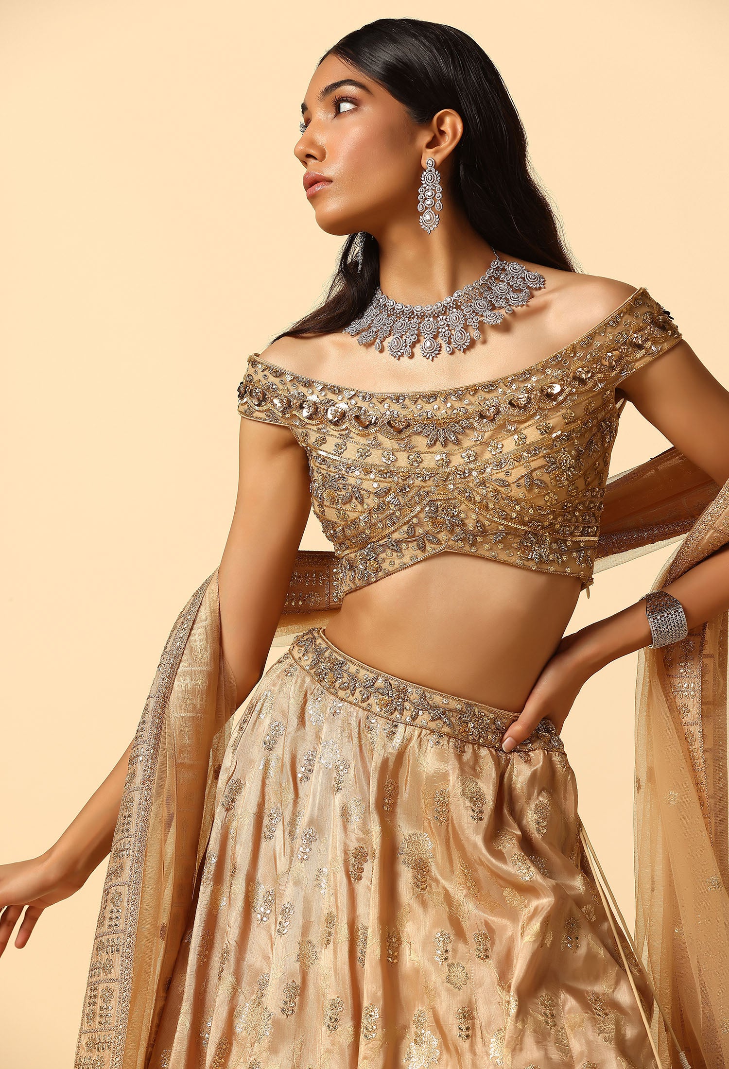 Gold Handwok Lehenga Choli Bardot Style