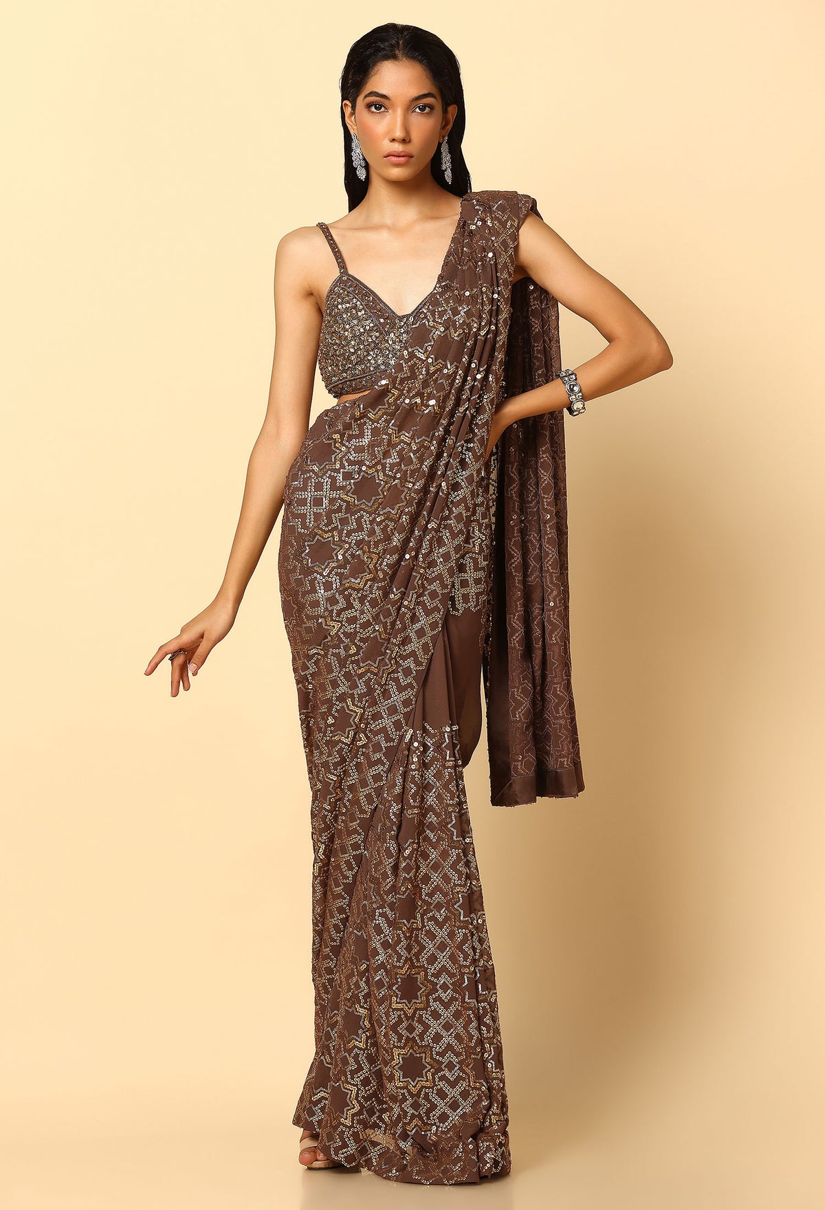 Brown and Gold Sequence Saree and Blouse