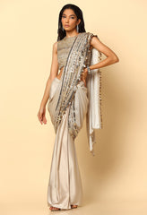 Stylish Gold Saree in Shimmer Fabric with Glass Beads Blouse.