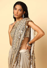 Stylish Gold Saree in Shimmer Fabric with Glass Beads Blouse.