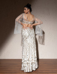 Ivory Net Hand Embroidered Cut Dana And Sequin Leaf Skirt & Blouse Set