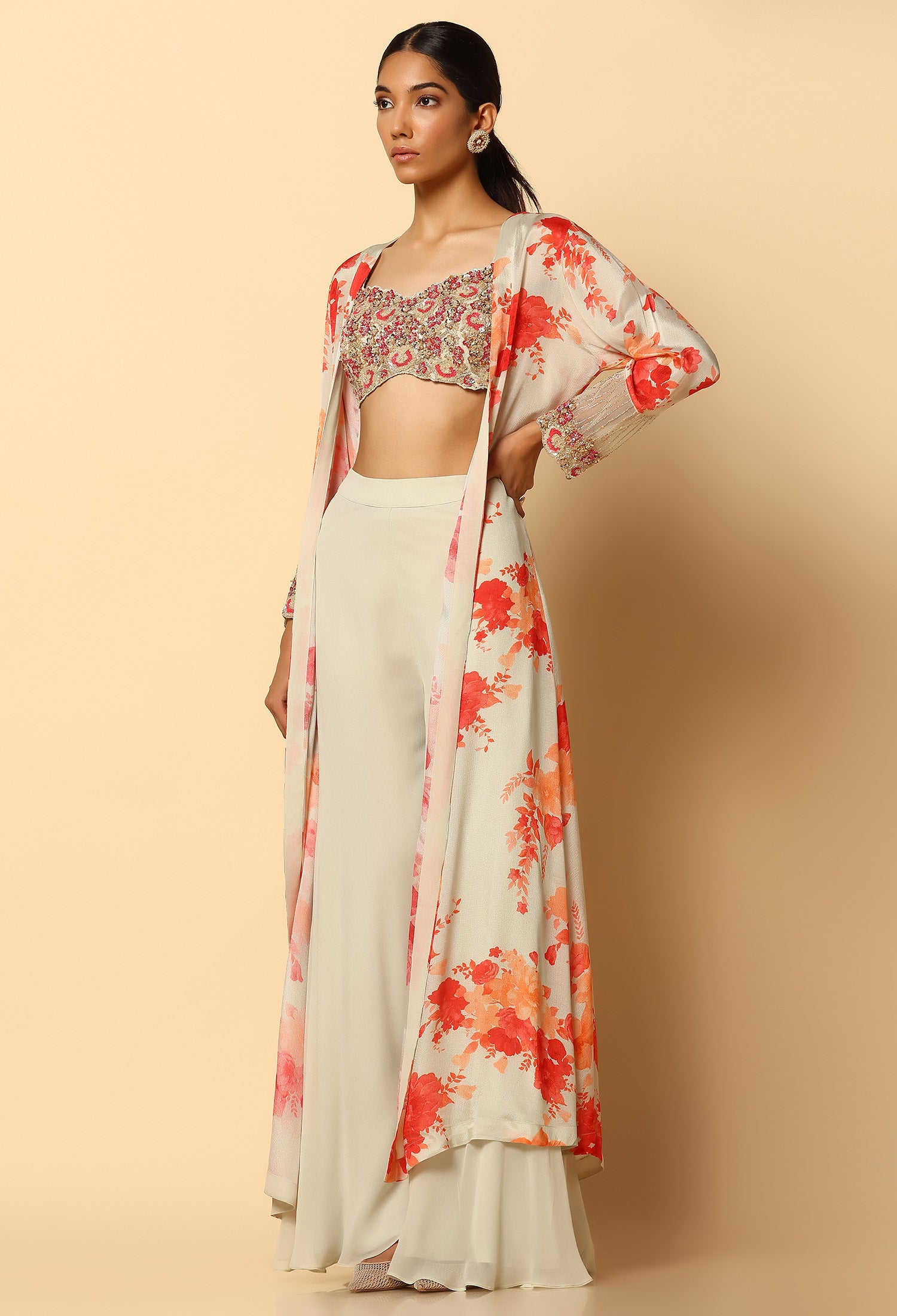 Printed Sharara and Cape with Contrasting Blouse.