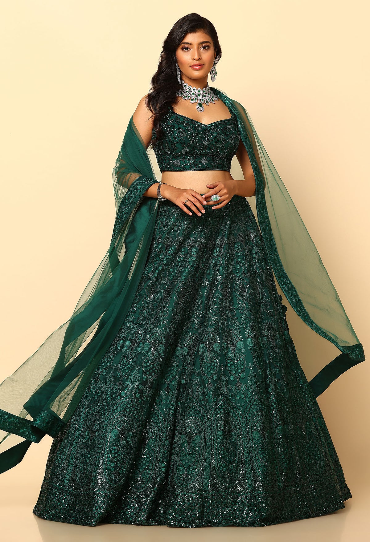 Bottle Green Lehenga with Tone to Tone Work