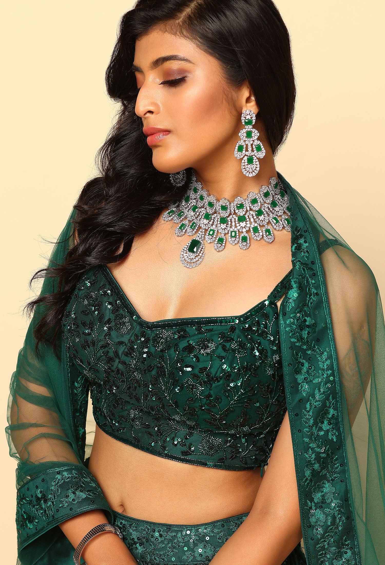 Bottle Green Lehenga with Tone to Tone Work