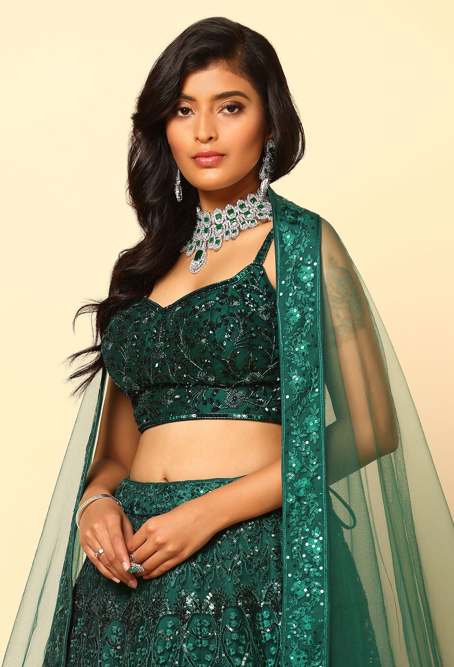 Bottle Green Lehenga with Tone to Tone Work