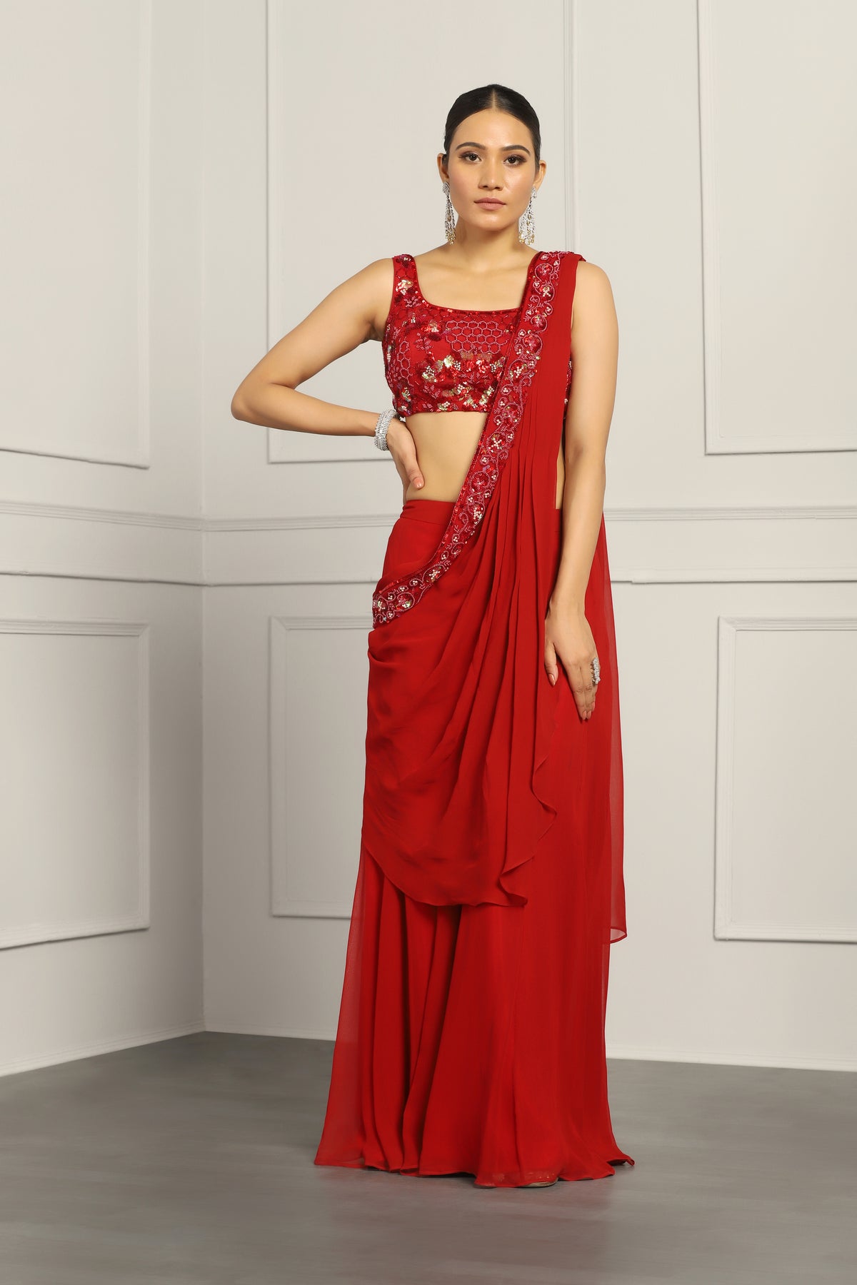 Red Georgette & Net Sequin Embroidered Sharara Pant Saree Set