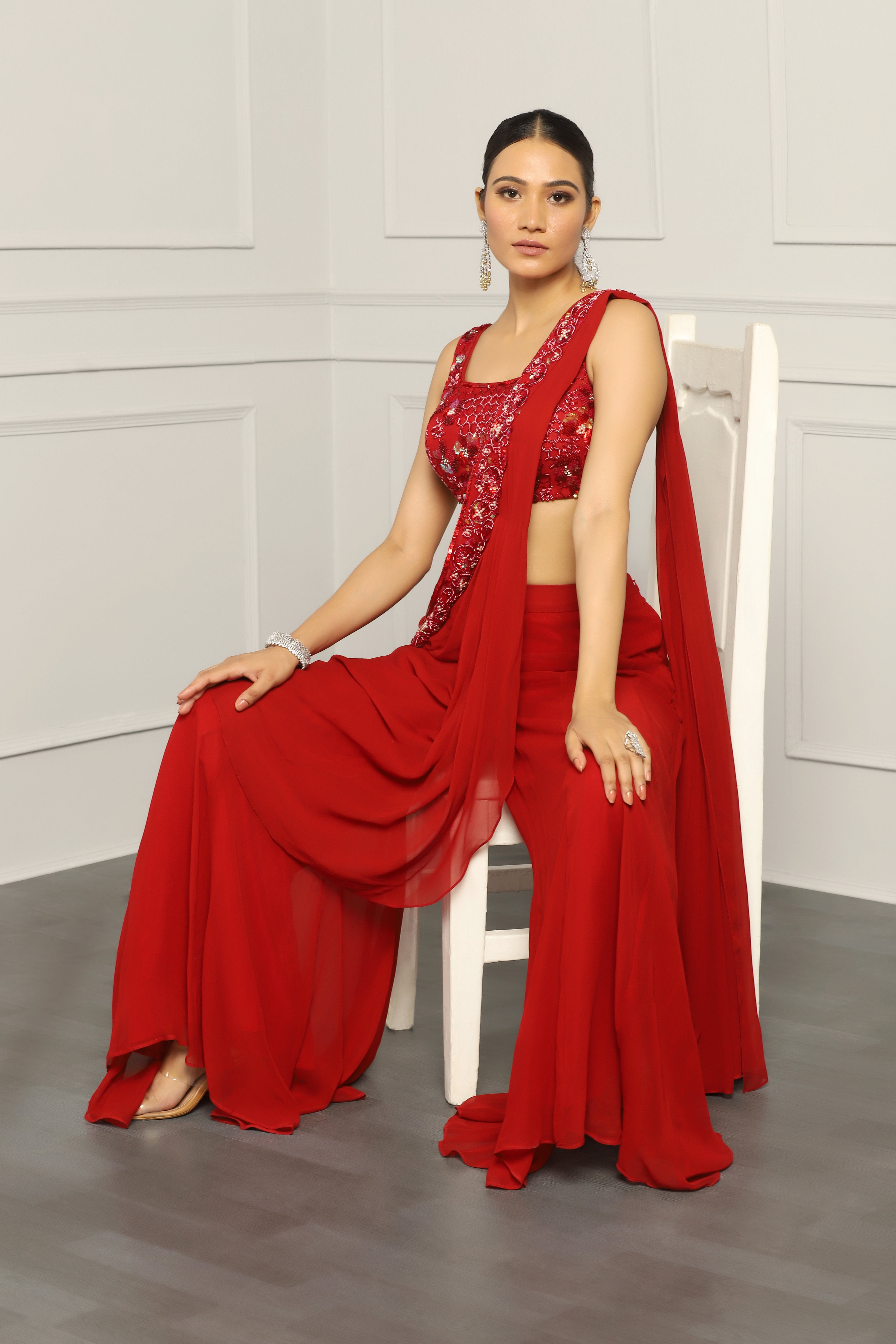 Red Georgette & Net Sequin Embroidered Sharara Pant Saree Set