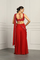 Red Georgette & Net Sequin Embroidered Sharara Pant Saree Set