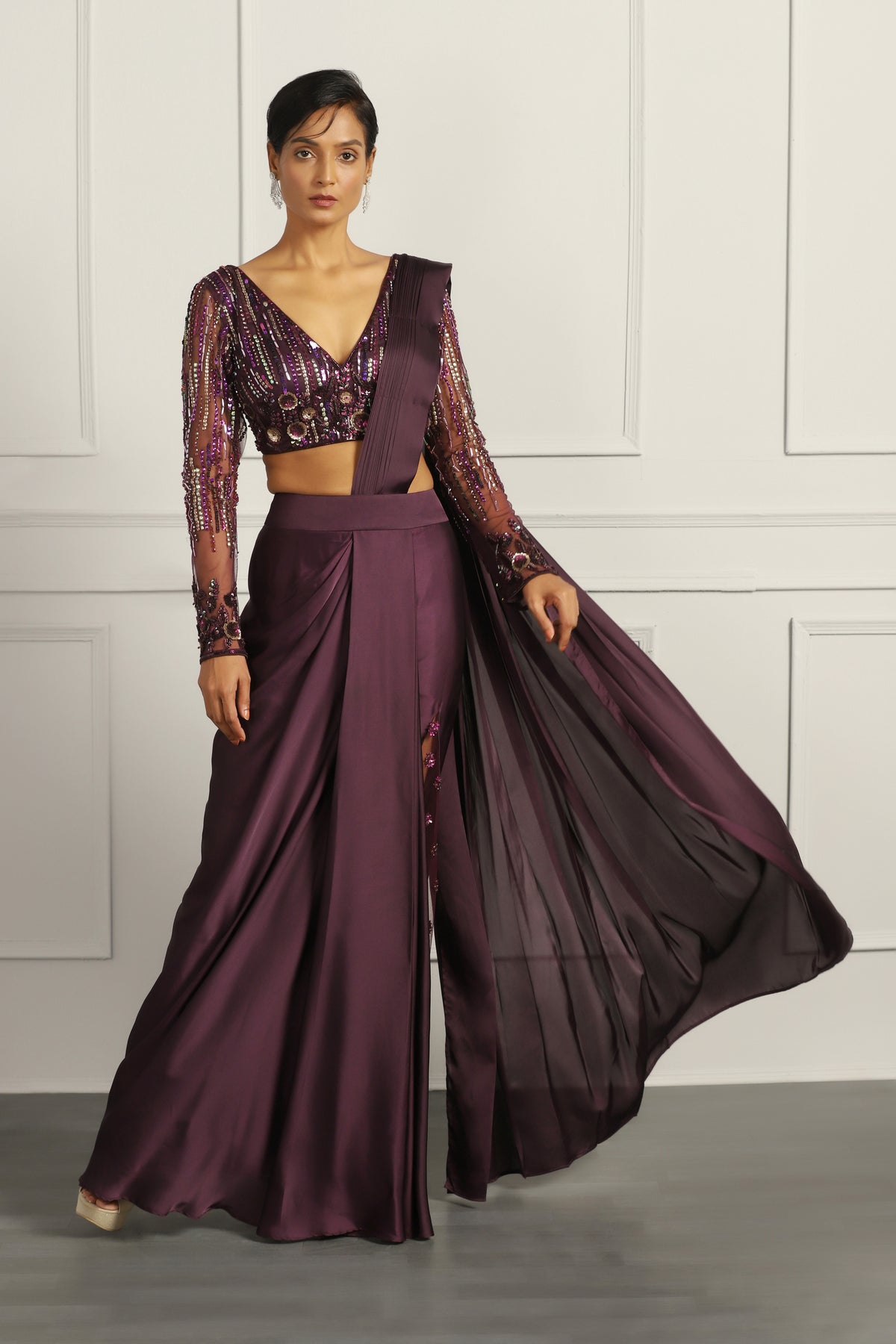 Pre-Draped Saree With Embellished Blouse