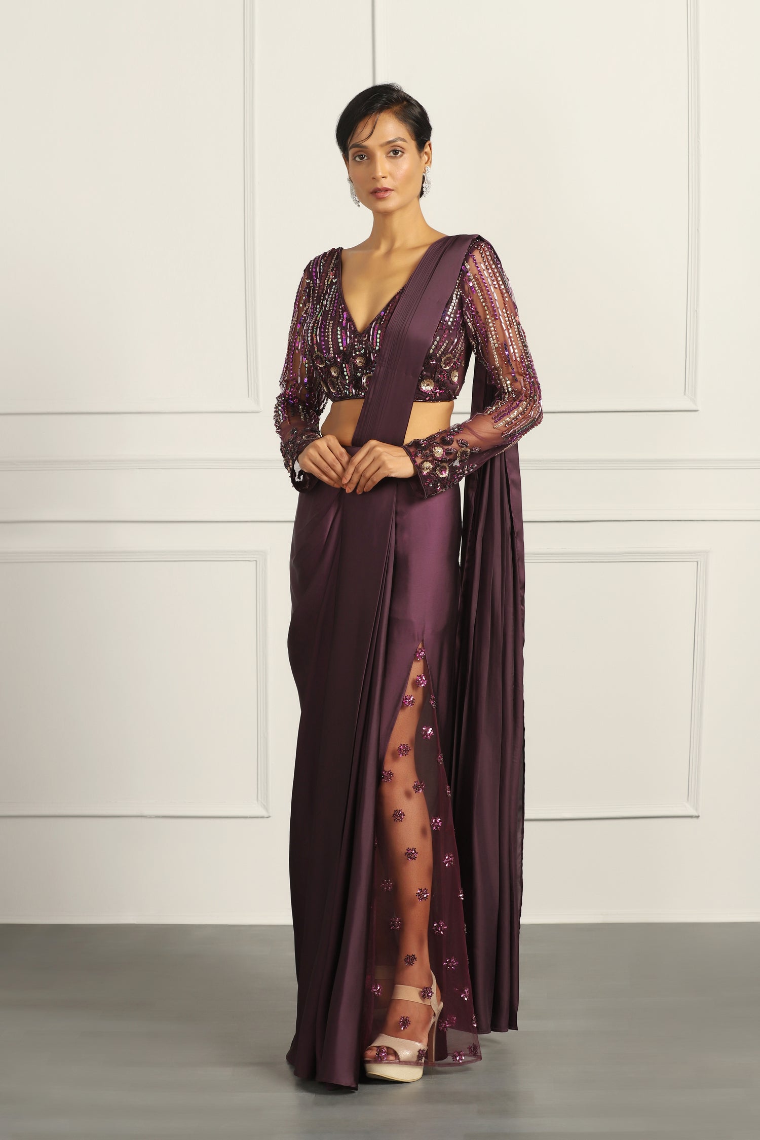 Pre-Draped Saree With Embellished Blouse