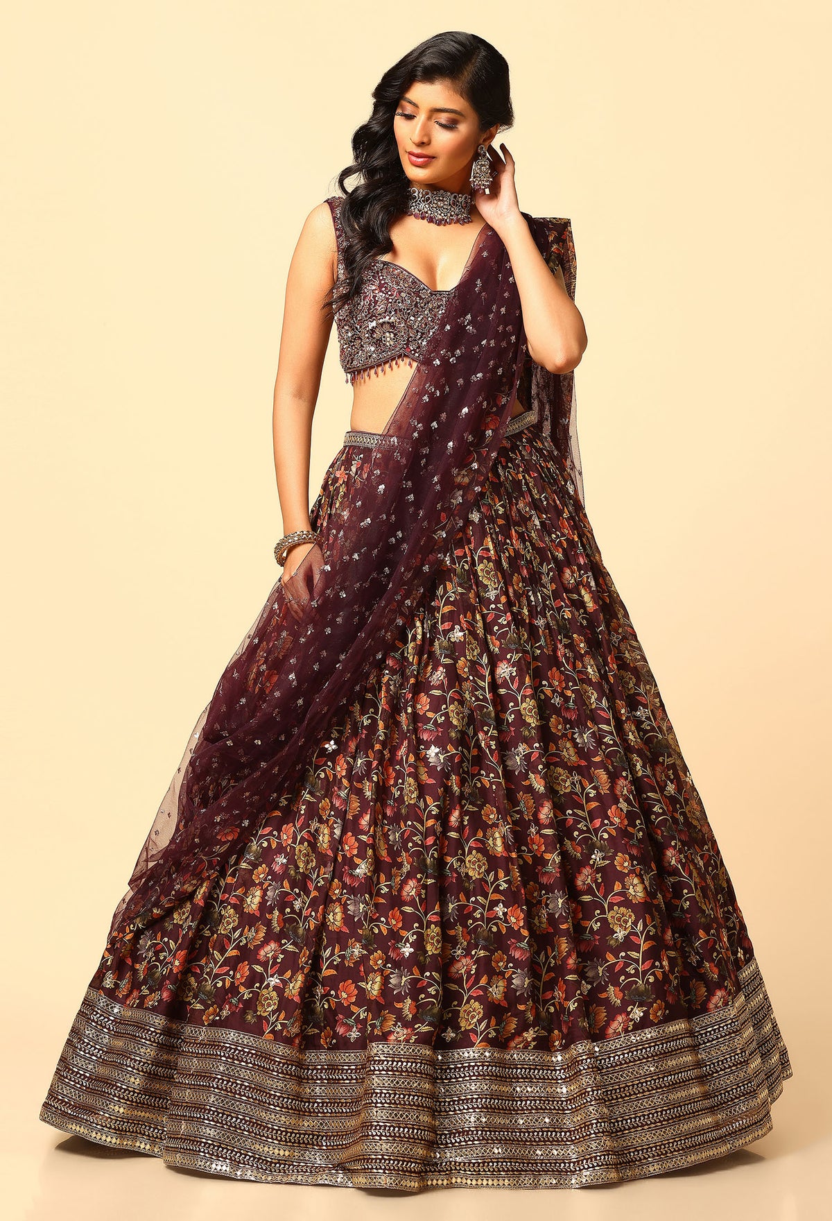 Printed Wine Lehenga and Blouse