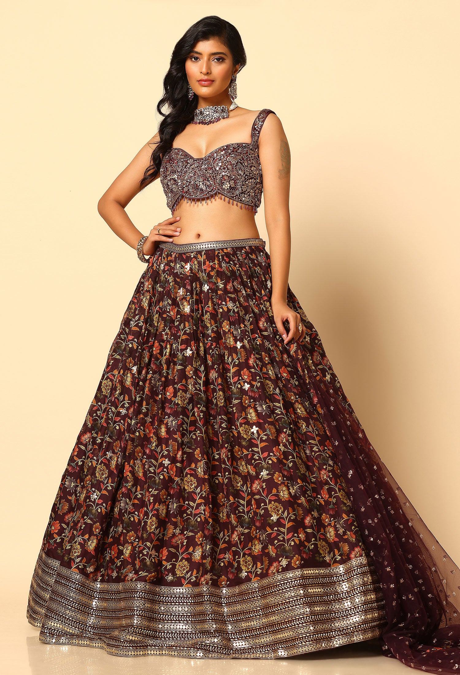 Printed Wine Lehenga and Blouse