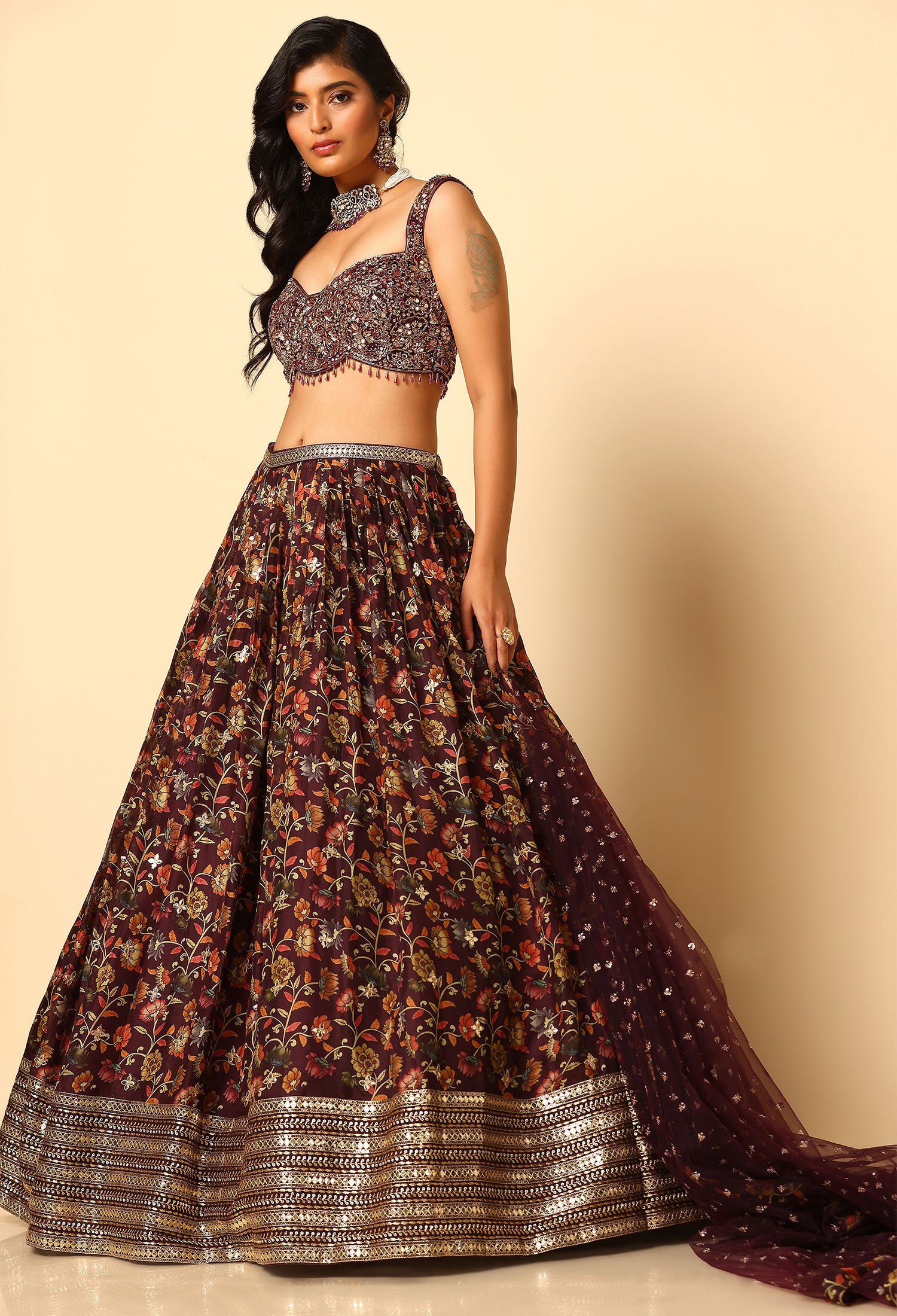 Printed Wine Lehenga and Blouse