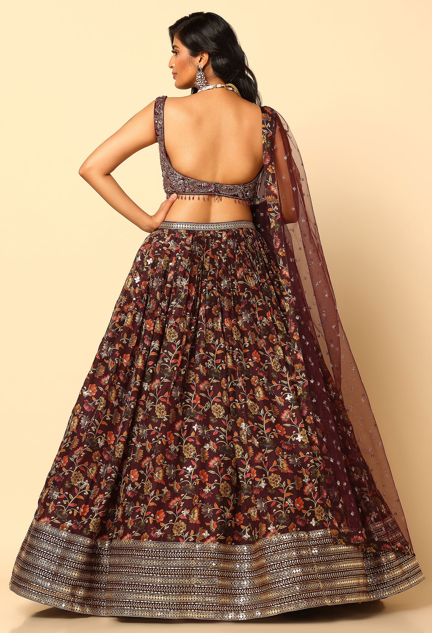 Printed Wine Lehenga and Blouse