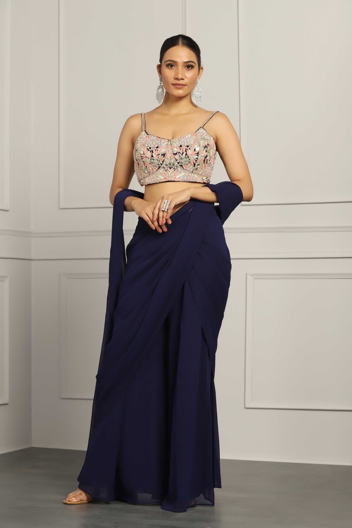 Navy Blue Georgette Sharara Pant Saree Set