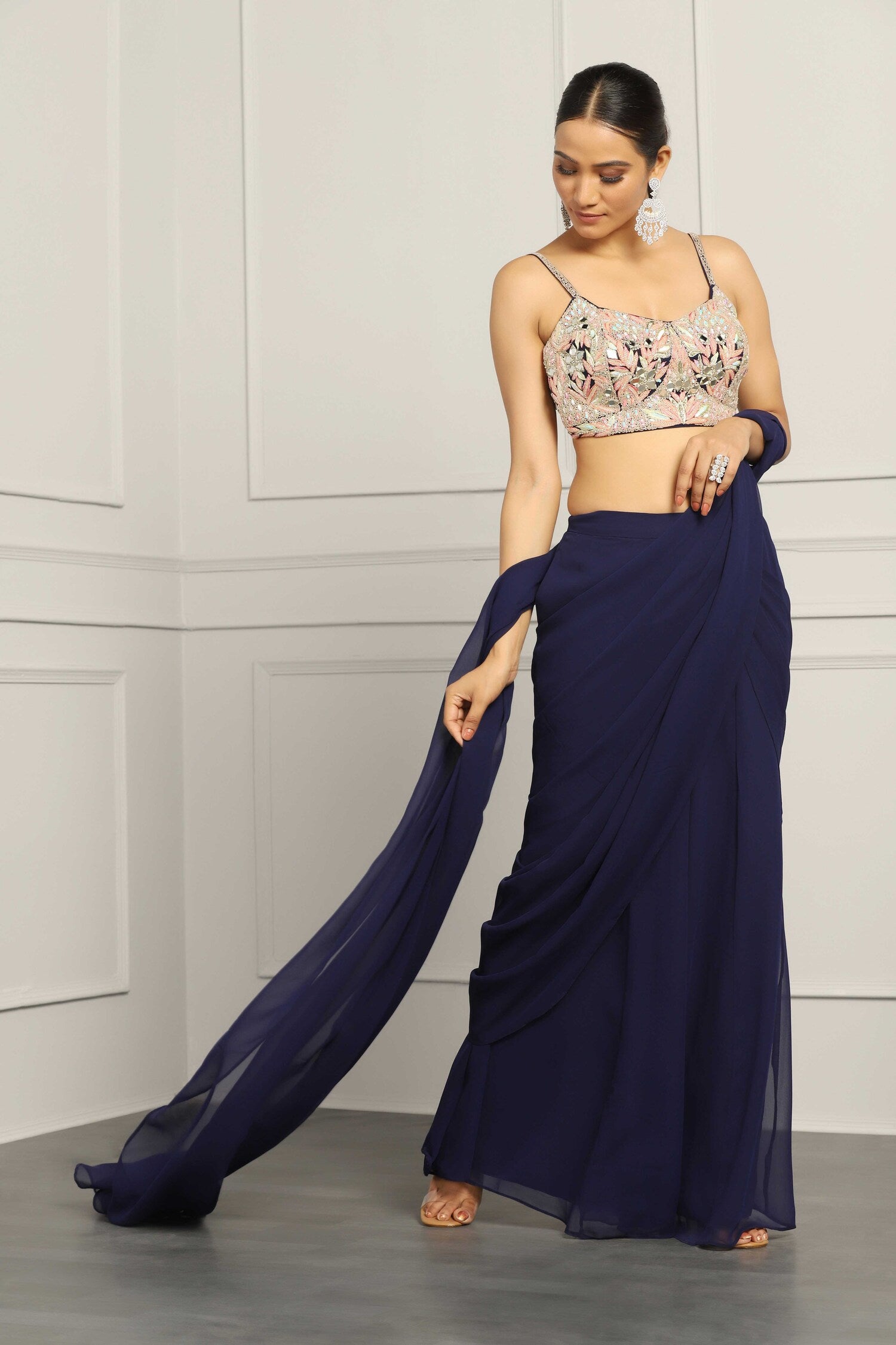 Navy Blue Georgette Sharara Pant Saree Set